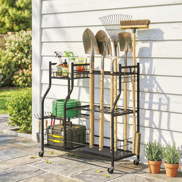 Garden Tool Organizer for Garage, 3-Tier Yard Tool Storage Rack with 74 Slots, 4 Wheels and 11 Hooks