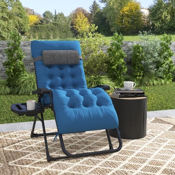 Padded Folding Recliner Chair, Patio Lounger with Cupholder, Adjustable Backrest, Removable Cushion, Navy Blue