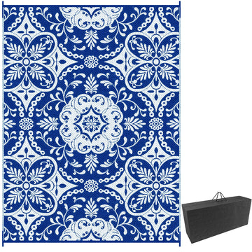 Portable Outdoor Rug with Carry Bag, 9' x 12' Reversible Mat, Waterproof Plastic Straw RV Rug for Backyard, Deck, Picnic, Beach, Camping, Blue & White Flower