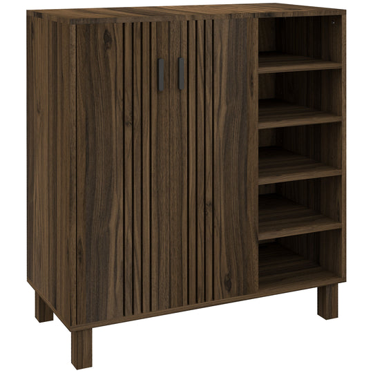 Shoe Storage with Double Doors and Open Shelves 17 Pair Shoe Storage Organizer for Entryway Hallway Walnut