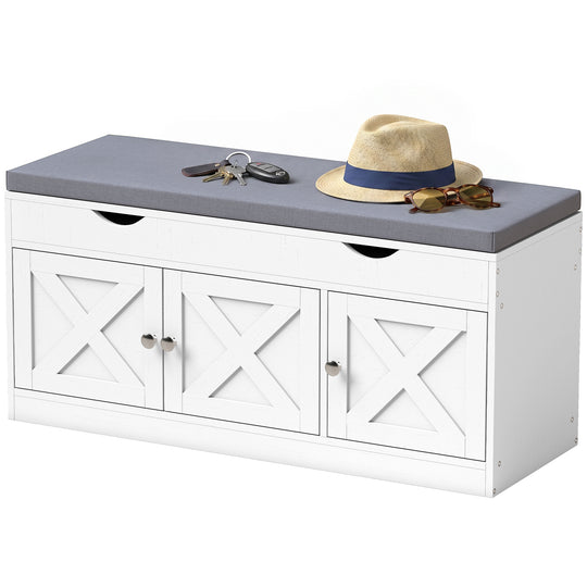 Shoe Bench with Cushion Shoe Storage Bench 3-Door Adjustable Shelves White