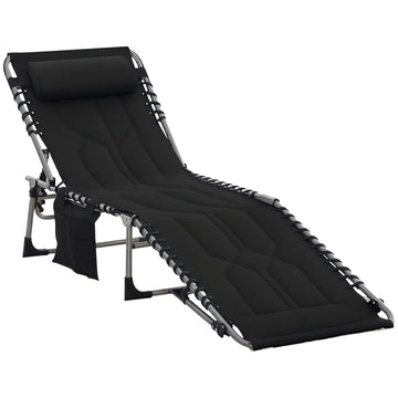 Folding Chaise Lounge Chair, Outdoor Padded Reclining Chair with 5-position Adjustable Backrest, Pillow and Pocket for Patio, Deck, Beach, Lawn and Sunbathing, Black