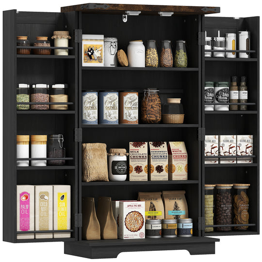 Garde-manger de cuisine style ferme avec portes et étagères réglables, noir