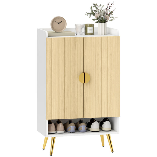 Entryway Shoe Storage Cabinet, Narrow Shoe Cabinet with Adjustable Shelves and Open Shelf for 15 Pairs of Shoes, Natural