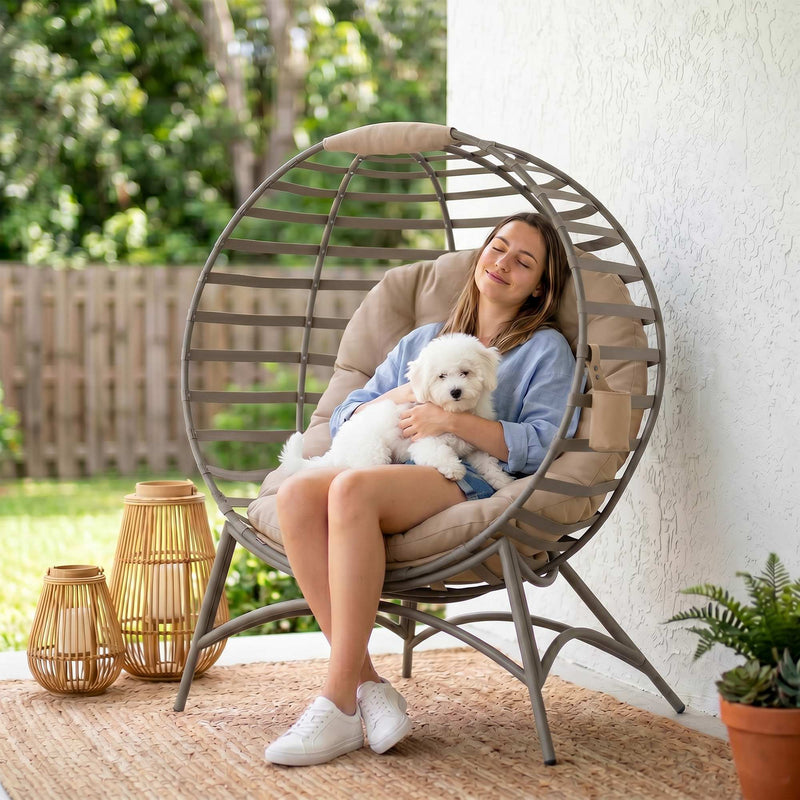 Egg Chair, Patio Lounge Chair, Foldable Basket Chair with Large Seat Cushion, Side Pocket