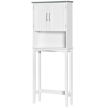 Modern Over The Toilet Storage Cabinet, Double Door Over Toilet Bathroom Organizer with Adjustable Shelf and Open Shelf, Space Saver, White