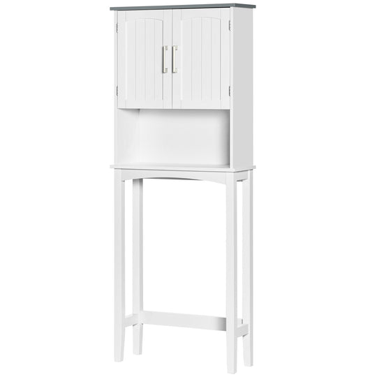 Modern Over The Toilet Storage Cabinet, Double Door Over Toilet Bathroom Organizer with Adjustable Shelf and Open Shelf, Space Saver, White