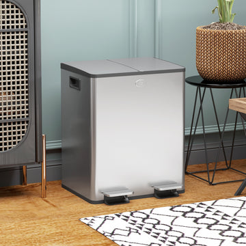 Dual Garbage Bin, Soft-Close Trash Can with Foot Pedal, 2 x 20 Liter Garbage Can with Removable Inner Buckets, Silver