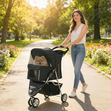 3 Wheels Foldable Dog Stroller with Storage Basket, Adjustable Canopy, Cupholder for Miniature and Small Dogs, Black