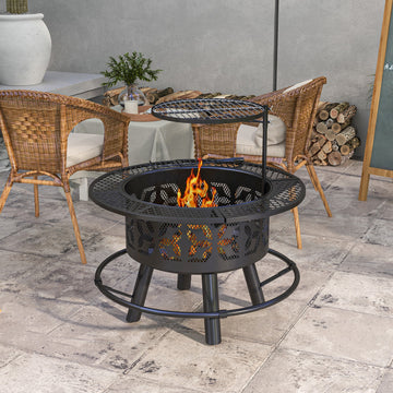 Wood Burning Fire Pit Charcoal BBQ Grill, Portable Firepit with Adjustable Grill Grate, Pan and Poker, 33