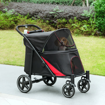 Foldable Pet Stroller with Universal Front Wheels, Shock Absorber, Dog Cat Carriage for Large & Medium Dogs, Black