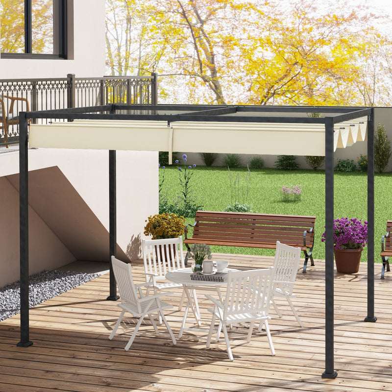 10x7ft Pergola with Retractable Roof Outdoor Patio Sun Shelter Garden Grape Tent Water-resistant Yard Shade, Cream White