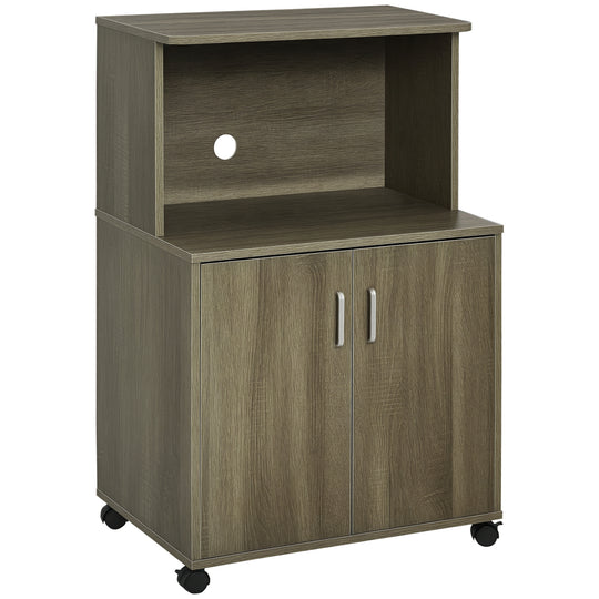 Microwave Cart on Wheels Utility Trolley Storage Sideboard Bookcase with 2-door Cabinet, Grey Wood Grain