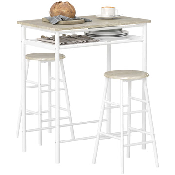 3 Piece Counter Height Bar Table Set with 1 Table, 2 Matching Stools, Dining Table Set with Storage Shelf and Metal Frame Footrest, White and Oak