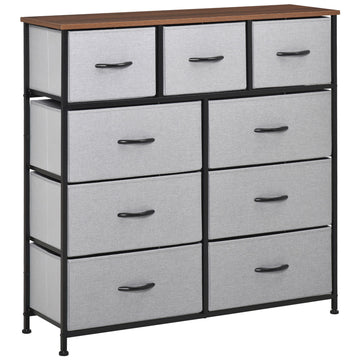 Commode de chambre à 9 tiroirs, tour de rangement à 4 niveaux en tissu, haute commode de rangement avec cadre en acier et plateau en bois pour placards, chambre d'enfant, gris