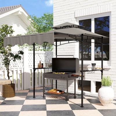 8' x 7.6' Grill Gazebo, Double Tiered Barbecue Grill Gazebo Shelter w/ Side Awning, 2 Side Shelves, 6 Hooks