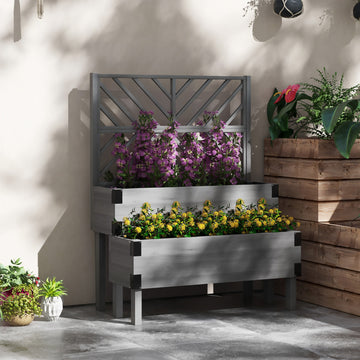 Raised Garden Bed with Trellis, 2 Tier Wooden Elevated Planter Box  for Vegetables, Flowers, Herbs, Grey
