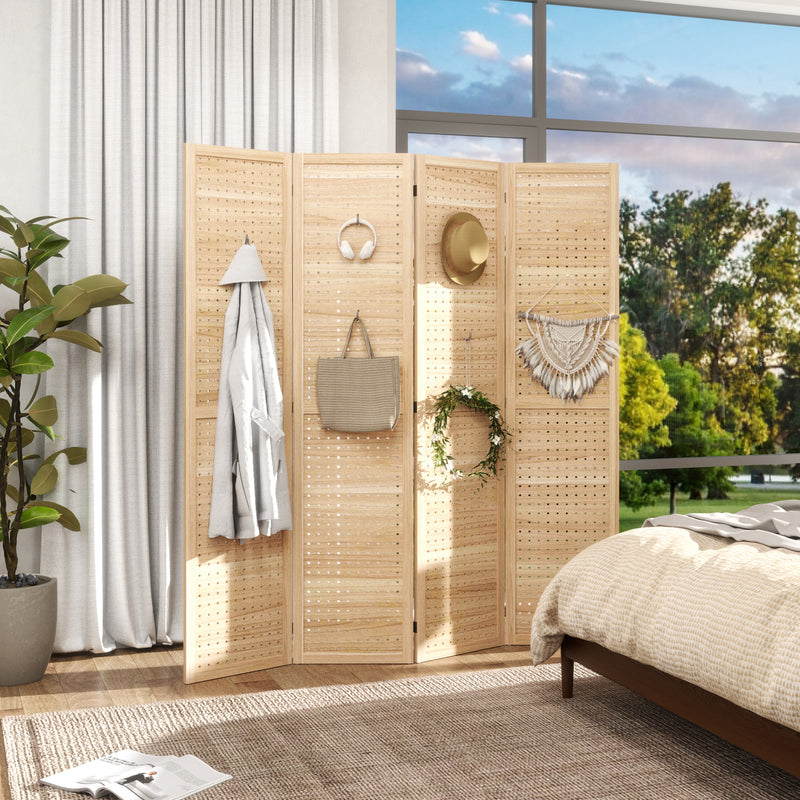 5.6 Ft. Tall 4-Panel Room Divider, Pegboard Panel Freestanding Folding Privacy Screen Panels, Partition Wall Divider for Indoor Bedroom Office, Natural