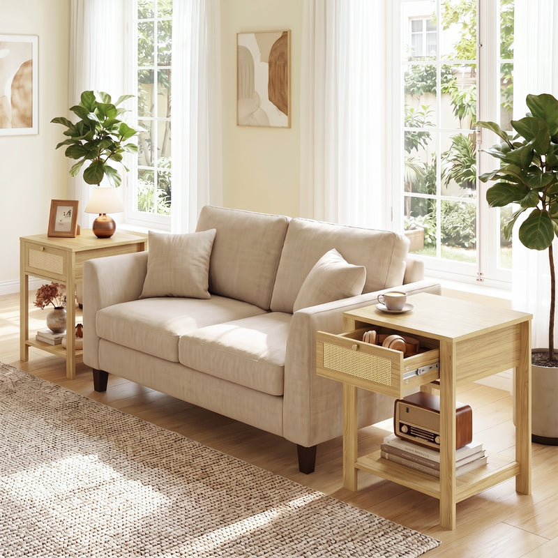 Boho Side Tables Set of 2, End Tables with Drawer and Open Shelf for Living Room, Natural Wood