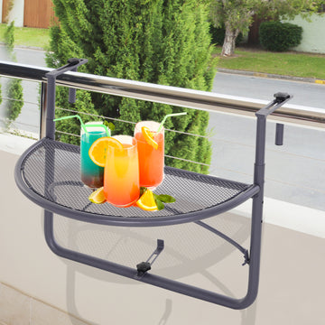 Adjustable Balcony Hanging Railing Table, Metal Mounting Mini Wall Desk Storage Rack, Outdoor Flower Stand Serving Table Half Round, Grey