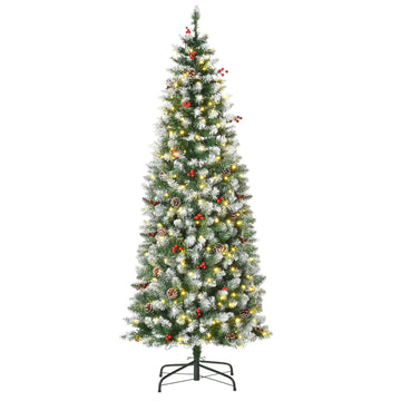6 ft Snow-Dipped Pencil Christmas Tree Pre-Lit Holiday Decoration with LED Lights Pine Cones Red Berries Green