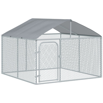 Dog Kennel Outdoor Run Fence with Roof, Steel Lock, Mesh Sidewalls for Backyard & Patio, 9.8' x 9.8' x 7.7'