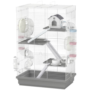 4-Level Large Hamster Cage with DIY Tubes, Water Bottle, Food Dish, Hut, Exercise Wheels, Grey