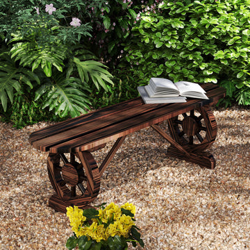 2-Person Outdoor Bench, Wood Garden Bench with Wagon Wheel Legs, Slatted Seat for Patio, Park, Backyard, Carbonized