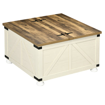 Farmhouse Coffee Table, Square Center Table with Flip-top Lids, Hidden Storage Compartment and Wooden Legs, White