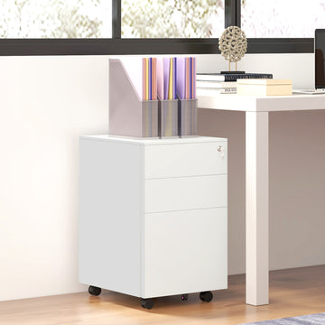 Vertical Steel Filing Cabinet on Wheels, 3-Drawer Lockable File Cabinet with Adjustable Hanging Bar for A4, Legal and Letter Size, for Home Office, White
