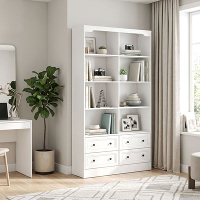 Bookshelf with 8 Cubbies and 4 Drawers, 5-Tier Double Wide Bookcase with Storage, Standing Book Cabinet, White
