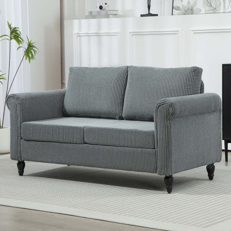 Vintage Loveseat, Upholstered Love Seat Furniture, Chenille-feel Fabric 2 Seater Sofa Couch with Rolled Arms, Gourd-Shaped Rubber Wood Legs for Living Room, Grey