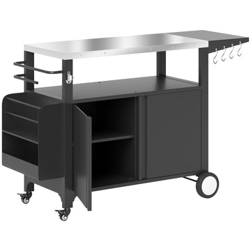 Outdoor Grill Cart with Foldable Side Table, Stainless Steel Tabletop, Pizza Oven Stand with Storage Rack, Wheels
