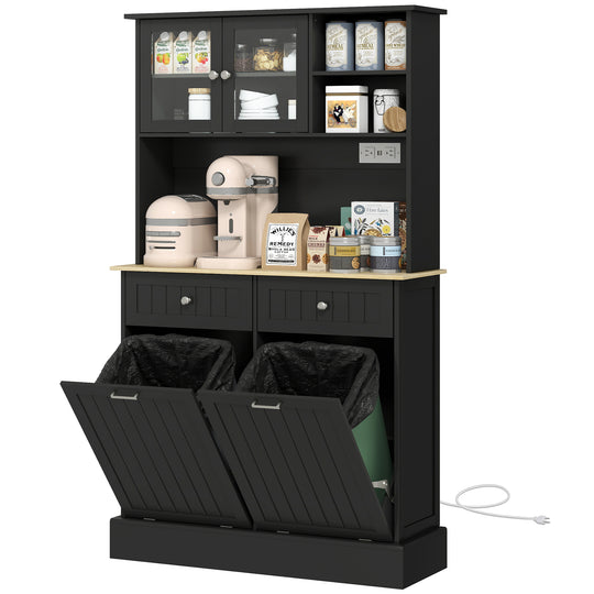 Kitchen Cabinet with Charging Station, 2 Tilt Out Cabinets, Microwave Stand, Freestanding Kitchen Pantry Cabinet, Black