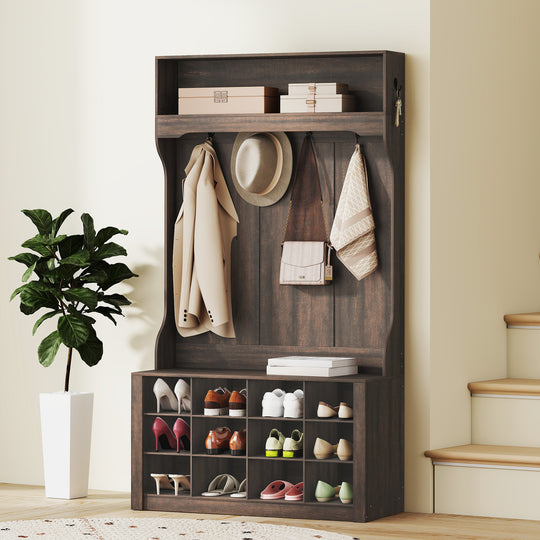 4-In-1 Hall Tree with Bench and Shoe Storage, Farmhouse Coat Rack Shoe Bench with 12 Shoe Cubbies, 6 Hooks, Dark Brown