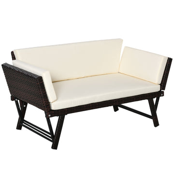 Convertible Rattan Sofa Bed Chaise Lounge Wicker Loveseat Armchair Double Seat with Cushion All Weather Patio Furniture Brown