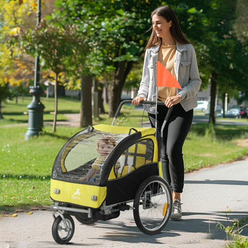 2-in-1 Bike Trailer for Kids, Foldable 2-Seat Baby Stroller with 5-Point Harness, Rubber Wheels, Storage Bag