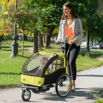 2-in-1 Bike Trailer for Kids, Foldable 2-Seat Baby Stroller with 5-Point Harness, Rubber Wheels, Storage Bag