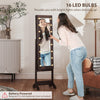 Free Standing Armoire Organizer, Lighted Mirrored Jewelry Cabinet w/ Angle Adjustable & 16 LED Lights, Dark Brown