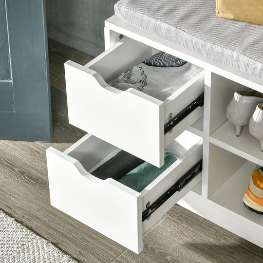 Upholstered Shoe Storage Bench w/ Seat, Entrance Bench w/ Drawer Open Shelves and Pocket for Hallway, White
