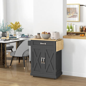 Foldable Kitchen Island with Storage Drawer, Farmhouse Style Rolling Utility Cart, Coffee Bar Cabinet on Wheels with Drop-Leaf Wood Top, Black