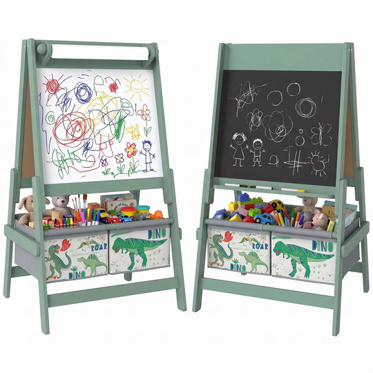 Art Easel for Kids, 3-in-1 Double-Sided Kids Easel with Chalkboard, Whiteboard, Paper Roll, 2 Storage Bins for 3-8, Green