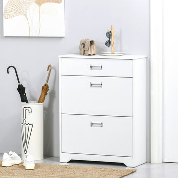 Narrow Shoe Storage with Drawer, 2 Flip Doors and Adjustable Shelves, Shoe Cabinet for 16 Pairs of Shoes, White