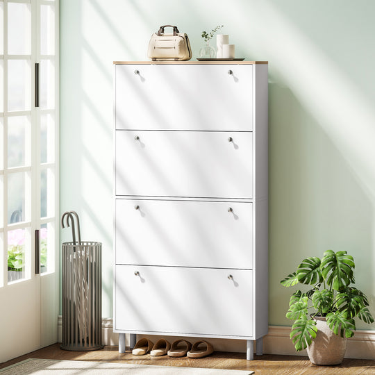 Narrow Shoe Cabinet with 4 Flip Drawers, Shoe Storage Cabinet with Adjustable Shelves, Holds 24–32 Pairs, White