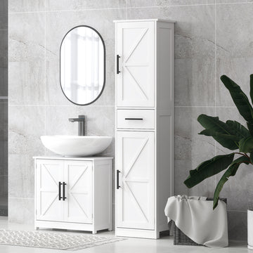 Farmhouse Pedestal Sink Storage Cabinet, Bathroom Under Sink Cabinet with 2 Barn Doors and Adjustable Shelf, White