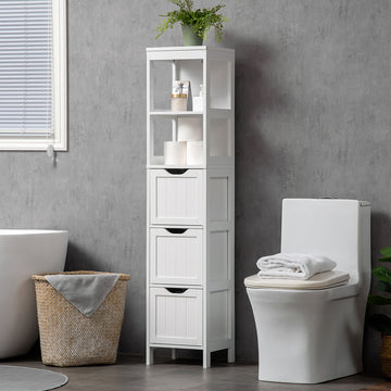Narrow Bathroom Cabinet with 3 Drawers and 2 Tier Shelf, Tall Cupboard Freestanding Linen Tower, White