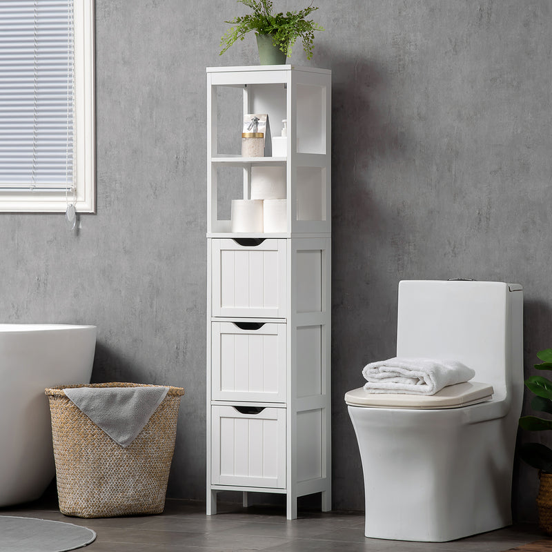 Narrow Bathroom Cabinet with 3 Drawers and 2 Tier Shelf, Tall Cupboard Freestanding Linen Tower, White