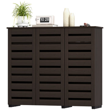 Narrow Shoe Cabinet with Slatted Doors, Adjustable Shelves for 20 Pairs of Shoes, Shoe Cabinet for Entryway, Espresso