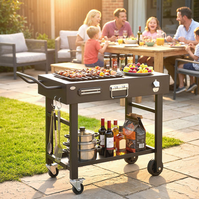 Chariot de barbecue extérieur, table de gril pliante avec support magnétique pour couteaux, crochets, porte-épices, porte-papier, noir