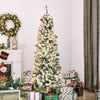 6ft Prelit Artificial Pencil Christmas Tree, Snow Flocked Slim Xmas Tree with Warm White LED Lights - Green